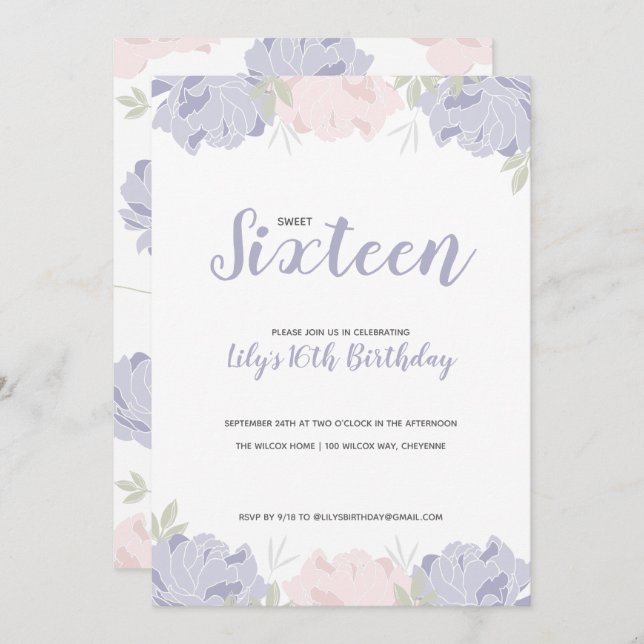 Rosa och Lila Peonies Sweet 16 Födelsedagsfest Inbjudningar (Fram/baksida)