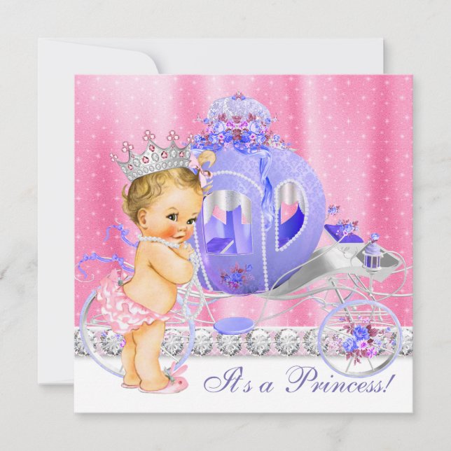 Rosa och lila prinsessbabykalas inbjudningar (Framsida)