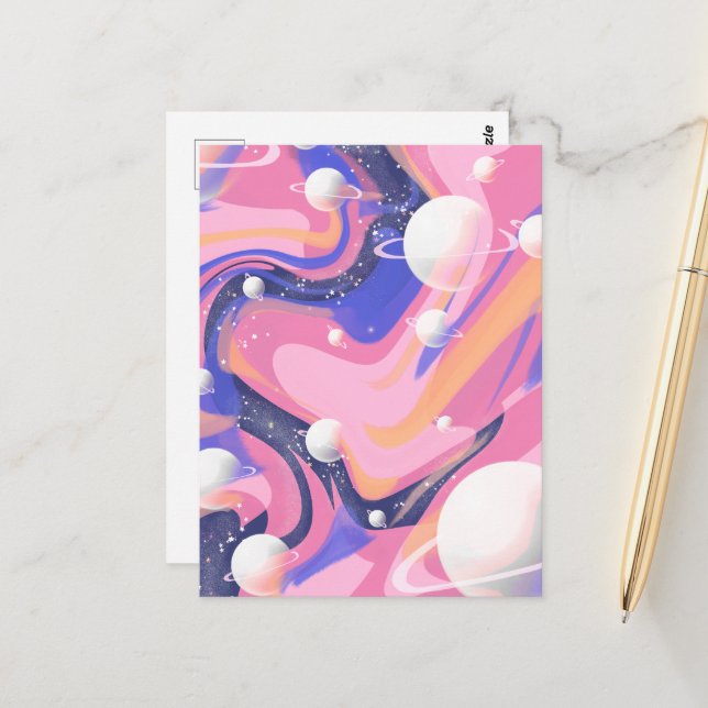 Rosa och Lila Rymden Swirl-Abstrakt Vykort (Fram/Back In Situ)