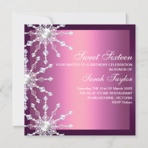 Rosa och Lila Shimmer Snowflake Birthday Inbjudan