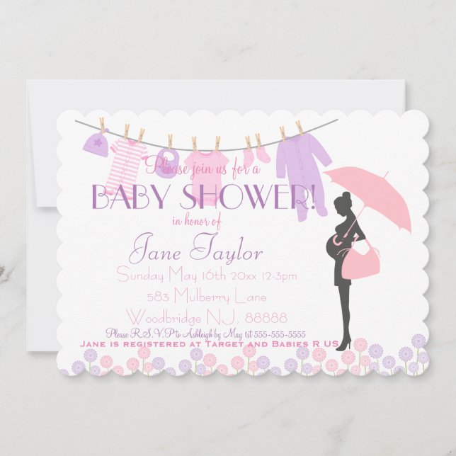Rosa och Lila Silhouette Baby Shower Inbjudningar (Framsida)
