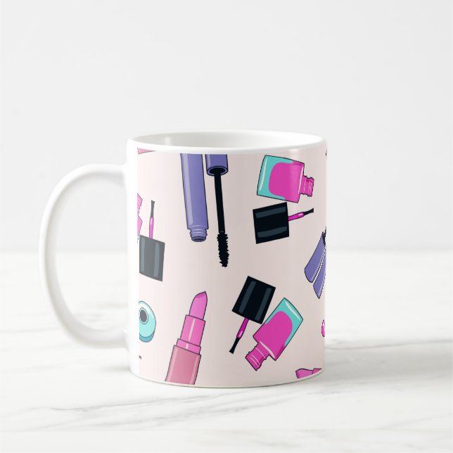 Rosa och lila smink kosmetika mönster kaffemugg (Vänster)