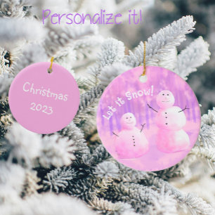 Rosa och Lila Snögubbe Julgransprydnad Keramik