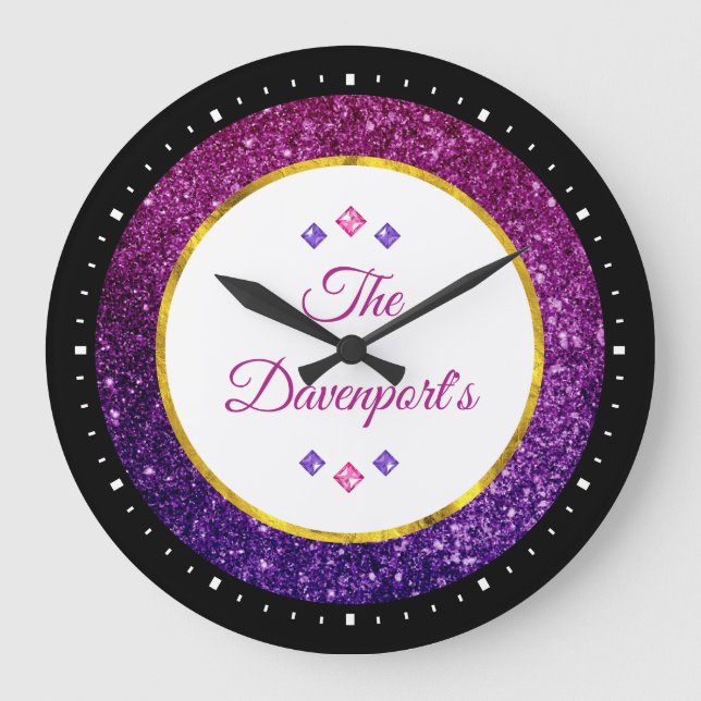 Rosa och Lila Sparkling Gemstones Stor Klocka (Framsida)