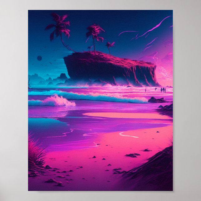 Rosa och Lila Tropiska Vågar och Handflatan Träd Poster (Framsidan)