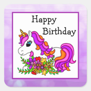 Rosa och Lila Unicorn and Flowers Birthday Fyrkantigt Klistermärke