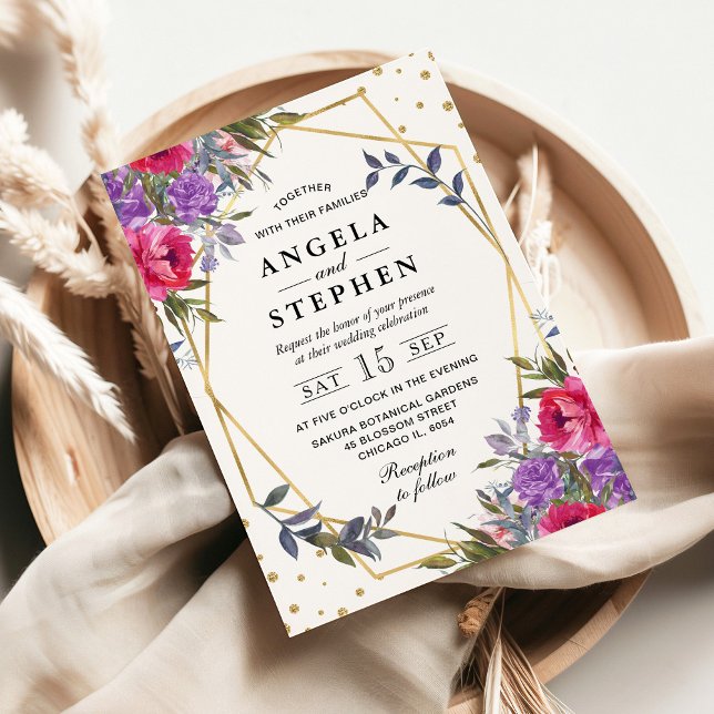 Rosa och Lila Vår blommor Guld Ram Bröllop Inbjudningar (Skapare uppladdad)