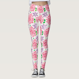 Rosa och Lila Vattenfärg Flower Mönster Leggings