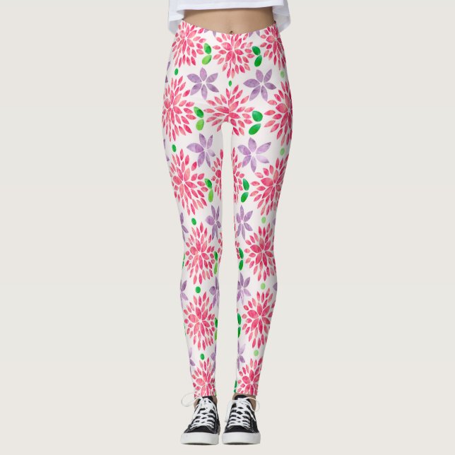 Rosa och Lila Vattenfärg Flower Mönster Leggings (Framsida)