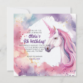 Rosa och Lila Vattenfärgning Unicorn Birthday Inbjudningar