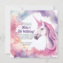 Rosa och Lila Vattenfärgning Unicorn Birthday Inbjudningar