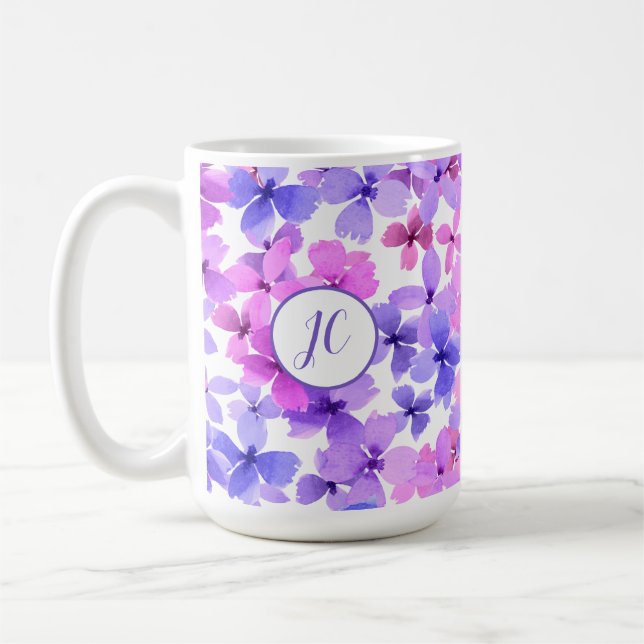 Rosa och Lila vattenfärgsblommor Kaffemugg (Vänster)