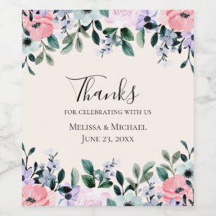 Rosa och Lila VattenfärgsfärgBlommigt Gräns Bröllo Vinflaska Etikett