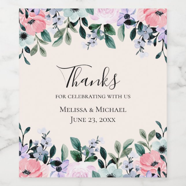 Rosa och Lila VattenfärgsfärgBlommigt Gräns Bröllo Vinflaska Etikett (Singel etikett)