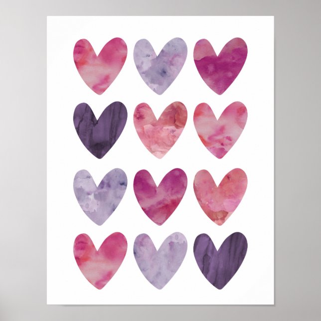 Rosa och lila vattenfärgshjärtan poster utskrift (Framsidan)