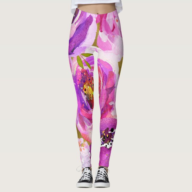 Rosa och Lila Vibrant Blommigt Leggings (Framsida)