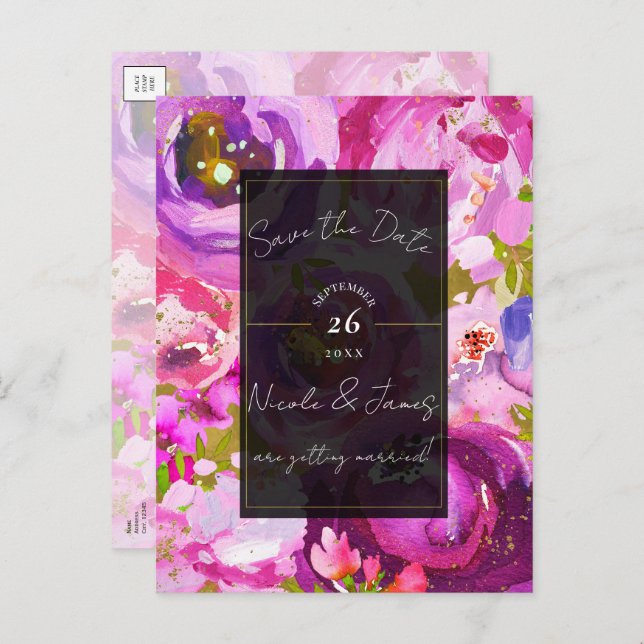 Rosa och Lila Vibrant Blommigt Spara datum Meddelande Vykort (Fram/baksida)
