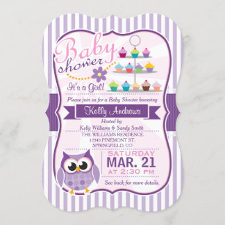 Rosa och lila violett uggla, tjej baby shower inbjudningar