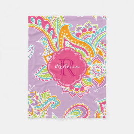 Rosa och Lilac Boho Paisley Monogrammed Fleecefilt