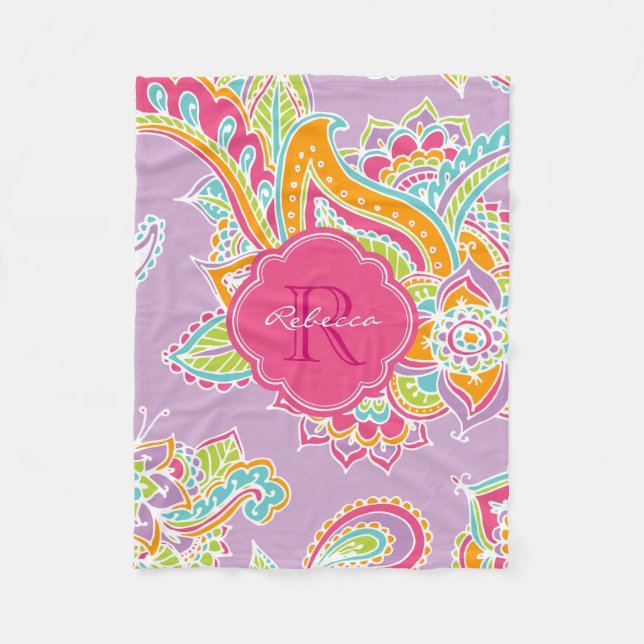 Rosa och Lilac Boho Paisley Monogrammed Fleecefilt (Framsidan)
