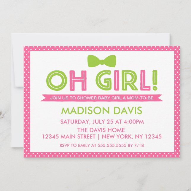 Rosa och Lime Green Polka Dot Oh Girl Baby Shower Inbjudningar (Framsida)