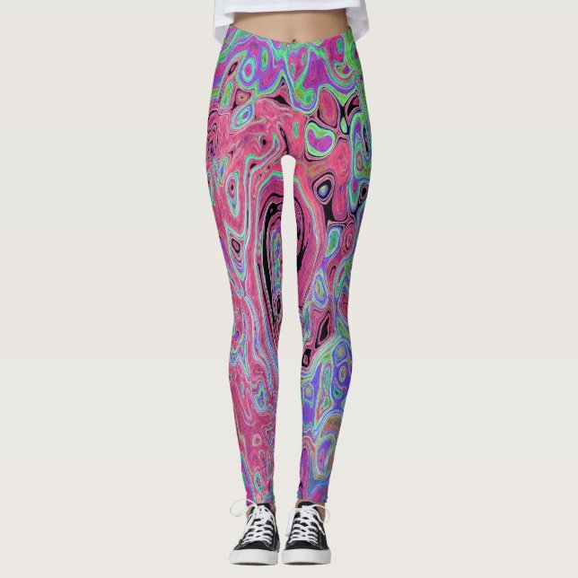 Rosa och Limegrön Groovy Abstrakt Retro Virvel Leggings (Framsida)
