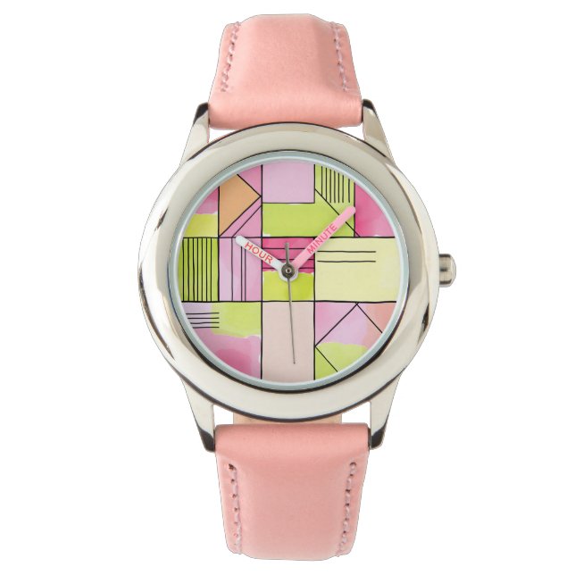 Rosa och limegrön lapptäckeabstrakt armbandsur (Framsida)