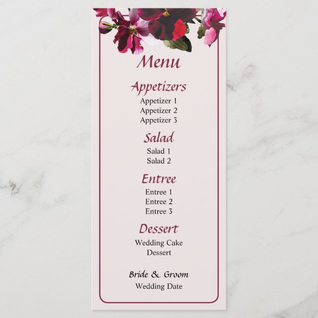 Rosa och Magenta Pansies Bröllop Menu Meny (Framsida)