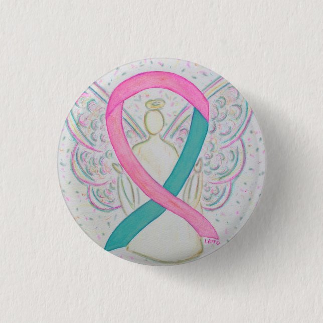 Rosa och målmedvetenhet Ribbon Angel Button Stift Knapp (Framsida)