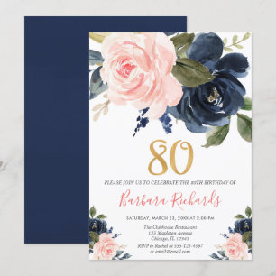  rosa och marin blå blommigt 80 födelsedag inbjudningar