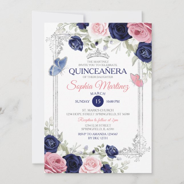 Rosa och marin blå Blommigt Butterfly Quinceañera Inbjudningar (Framsida)