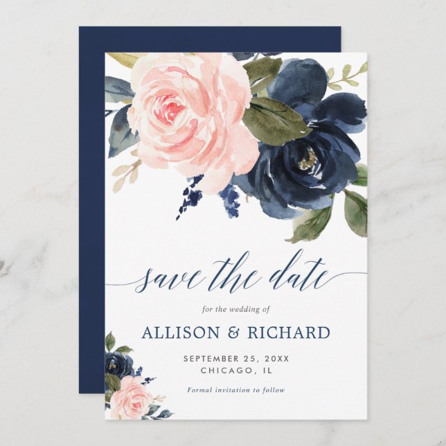  rosa och marin blå blommigt spara datumet inbjudningar (Fram/baksida)