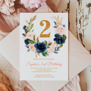 Rosa och marin blå Blommigt Utandning 2:a födelse Inbjudningar