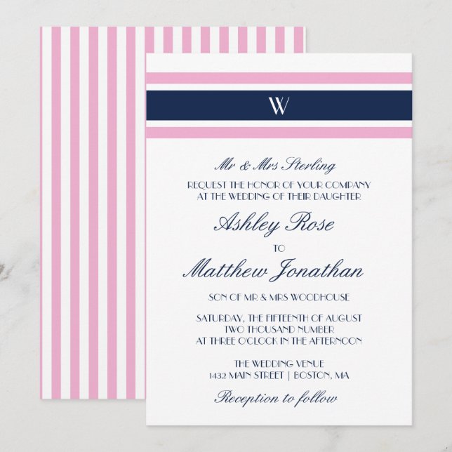 Rosa och marin blå | Monogram Bröllop Inbjudningar (Fram/baksida)