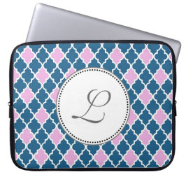 rosa och marin blå quatrefoil monogram laptop fodral