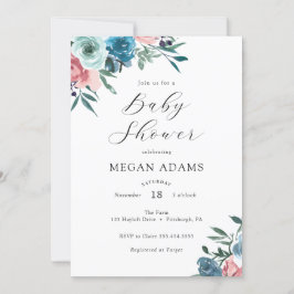 Rosa och marin Blåa blommor Baby Shower Inbjudningar