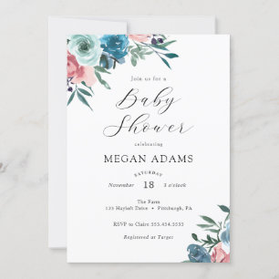 Rosa och marin Blåa blommor Baby Shower Inbjudningar