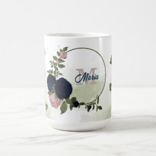 rosa och marinblå blommor grönska monogram kaffemugg