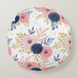 Rosa och marinblå blomsterrullpapper rund kudde