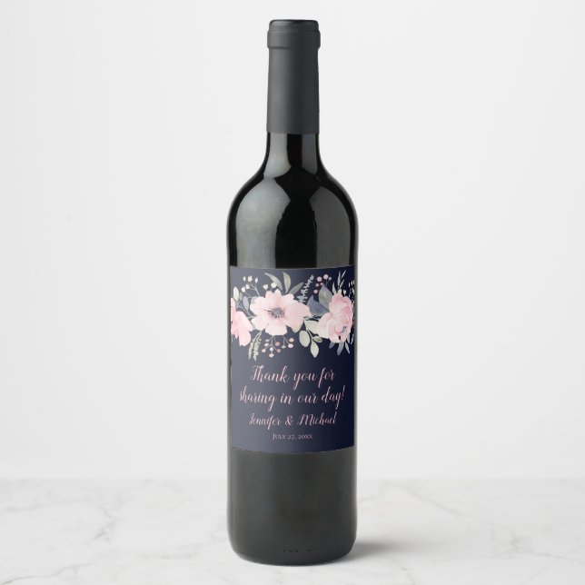Rosa och marinblå bröllopsfavoriter | vinflaska etikett (Framsida)