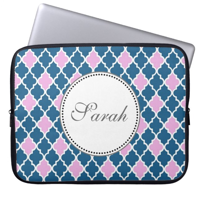 rosa och marinblå fyrklövermonogram laptop fodral (Framsidan)