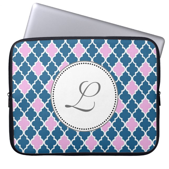rosa och marinblå fyrklövermonogram laptop fodral (Framsidan)