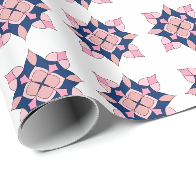Rosa och marinblå geometriska blomplattor presentpapper (Rullad Hörn)