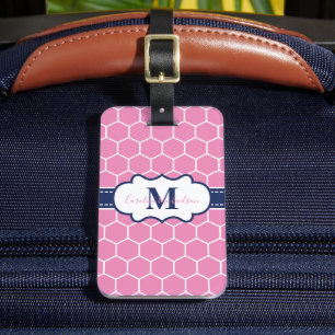 Rosa och marinblått monogram geometriskt mönster bagagebricka