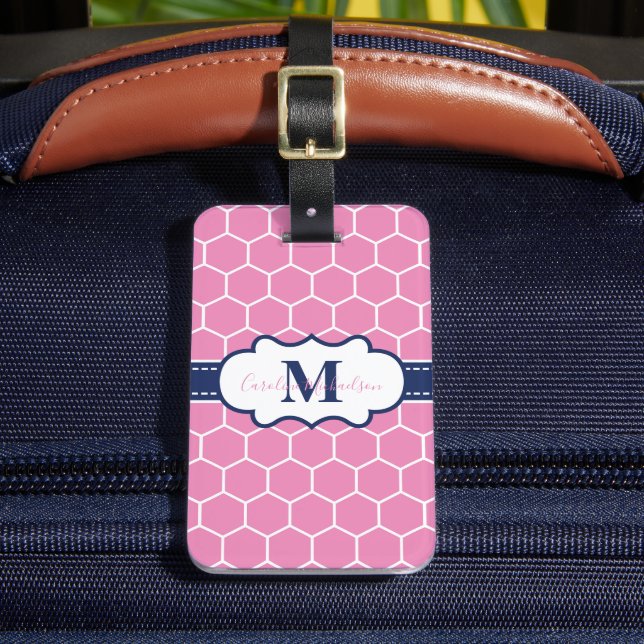 Rosa och marinblått monogram geometriskt mönster bagagebricka (Framsida Insitu 2)