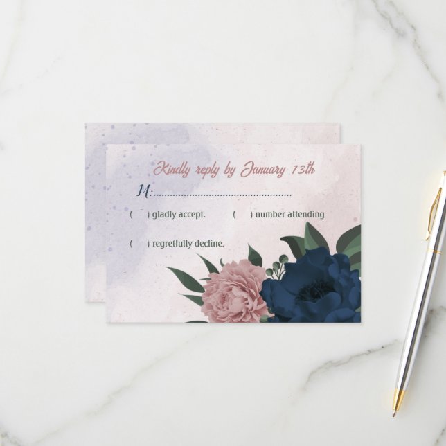 rosa och marinblommor botaniska bröllop OSA kort (Fram/Back In Situ)