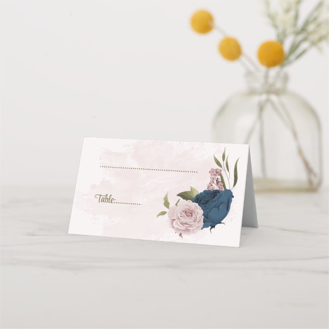Rosa och marinblommor botaniska bröllop placeringskort (Framsida)