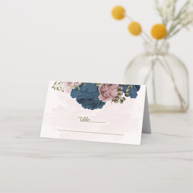 Rosa och marinblommor botaniska bröllop placeringskort (Framsida)