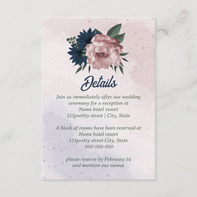 rosa och marinblommor botaniska bröllop tilläggskort (Framsida)