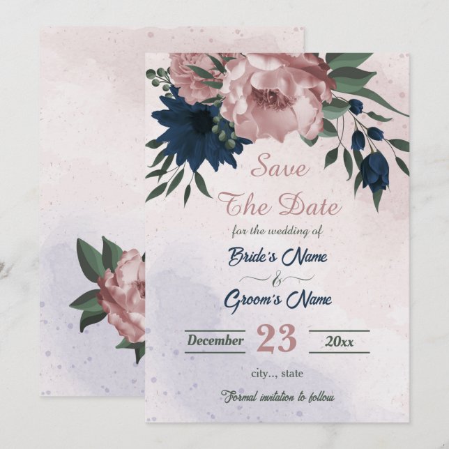 rosa och marinblommor botaniska spara datumet (Fram/baksida)
